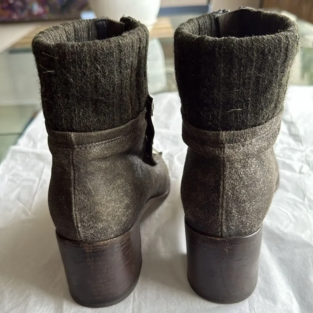 Chanel Women’s Gray Distressed Suede Leather Ankle Boots with CC Logo Buttons.